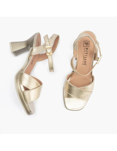 Sandalia con plataforma interior pala cruzada con hebilla en piel laminado - PITILLOS 10540 - oro
