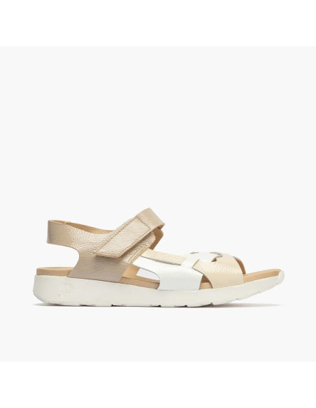 Sandalia tricolor mujer con velcro en piel charol - PITILLOS 10554 - crema