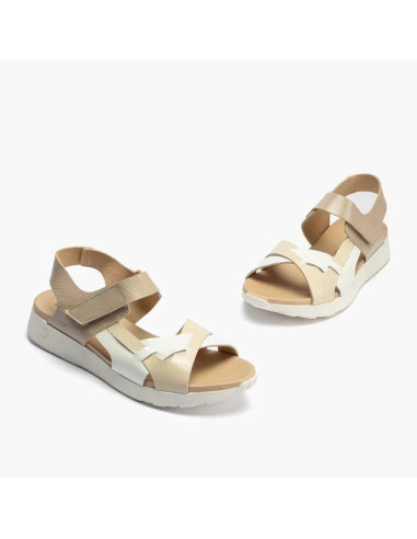Sandalia tricolor mujer con velcro en piel charol - PITILLOS 10554 - crema