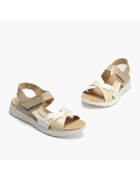Sandalia tricolor mujer con velcro en piel charol - PITILLOS 10554 - crema