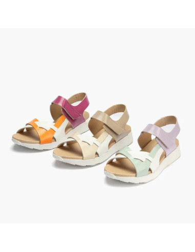 Sandalia tricolor mujer con velcro en piel charol - PITILLOS 10554 - crema