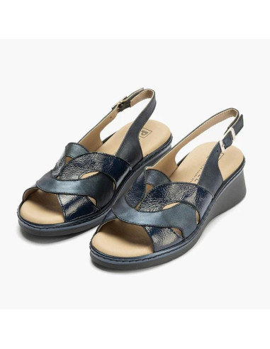 Sandalia mujer con hebilla en piel charol combinada - PITILLOS 10310 - azul