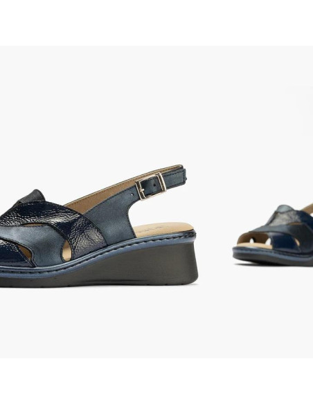Sandalia mujer con hebilla en piel charol combinada - PITILLOS 10310 - azul