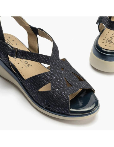 Sandalia asimétrica con velcro en piel grabada fantasía - PITILLOS 10341- marino