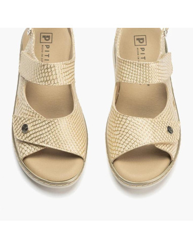 Sandalia con doble velcro en piel grabada - PITILLOS 10300 - oro