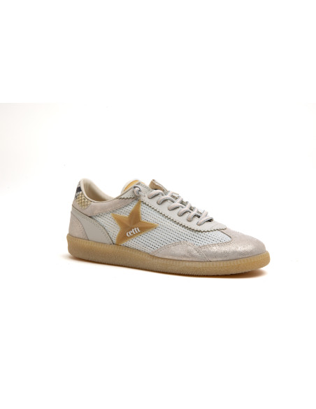 Zapatilla canvas mujer en piel con rejilla - CETTI C1385 - champagne